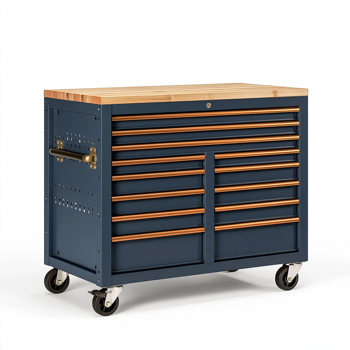 Servante d atelier 100 x 50 x 95 cm en acier bleu avec plateau en bois à 13 tiroirs sur roulettes