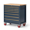 Servante d'atelier 90 x 50 x 95 cm en acier bleu avec plan de travail en bois à roulettes