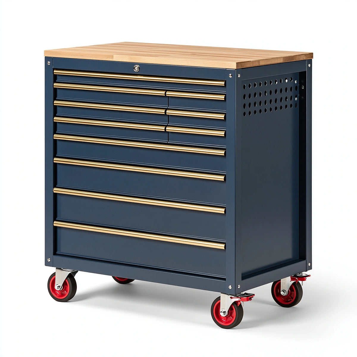 Servante d'atelier 90 x 50 x 95 cm en acier bleu avec plan de travail en bois à roulettes