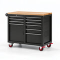 Servante d'atelier 106 x 51 x 95 cm en acier noir avec plan de travail en bois et roulettes