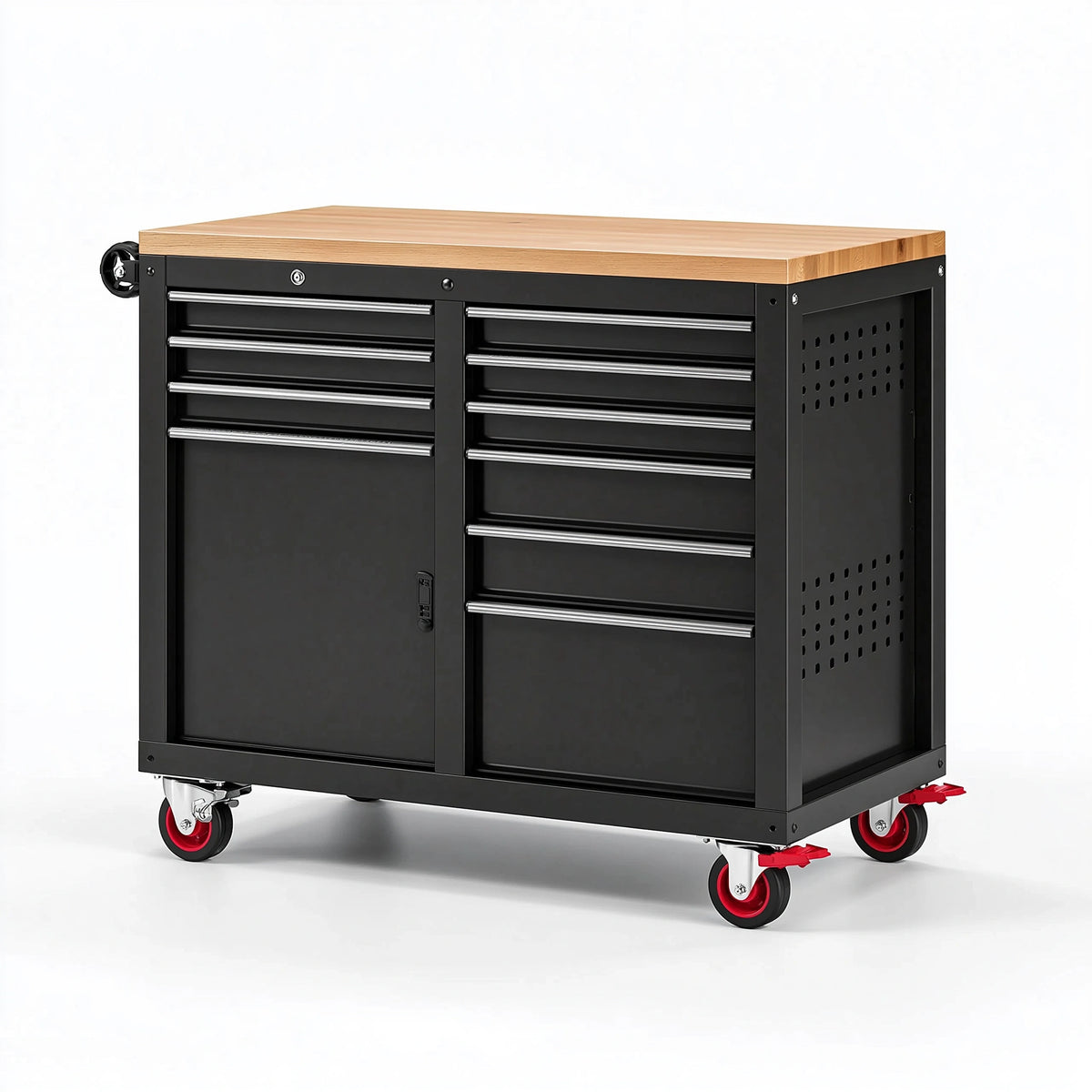 Servante d'atelier 106 x 51 x 95 cm en acier noir avec plan de travail en bois et roulettes