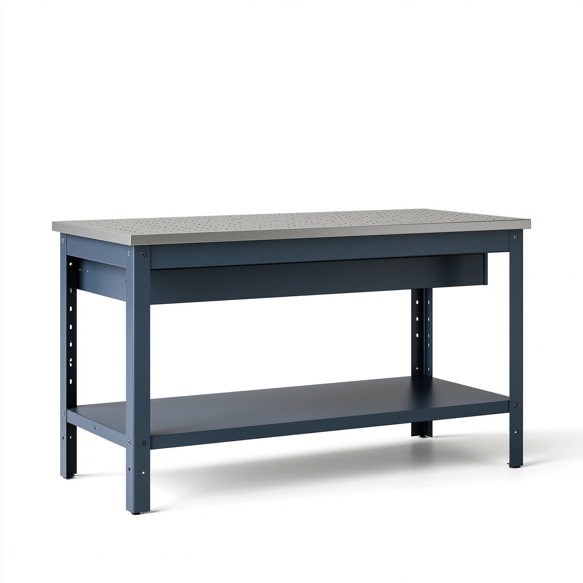 Établi d'atelier 120 x 60 x 85 cm en acier bleu foncé avec plateau perforé et tablette basse