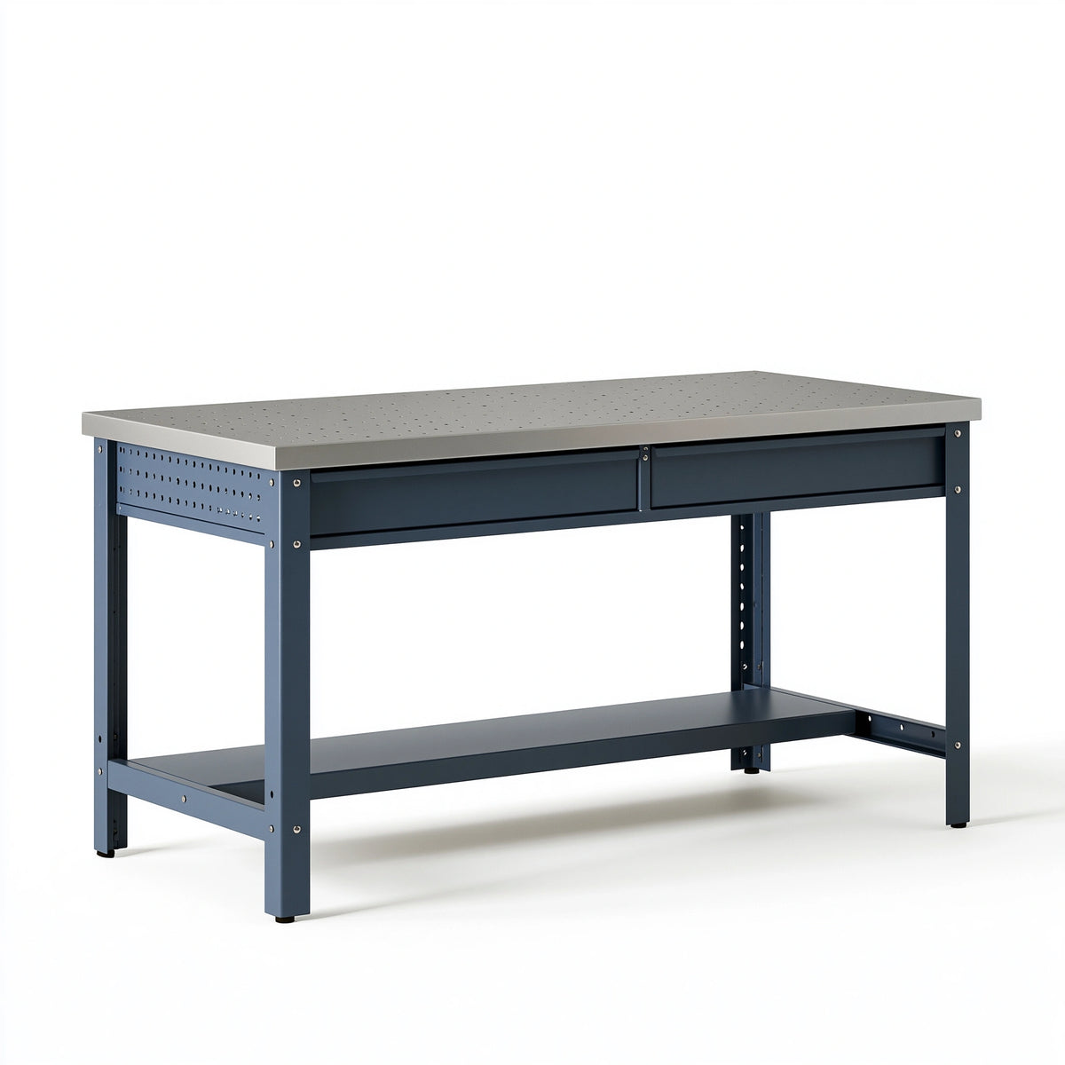 Établi 160 x 60 x 90 cm en acier gris et bleu avec tiroirs et tablette réglable
