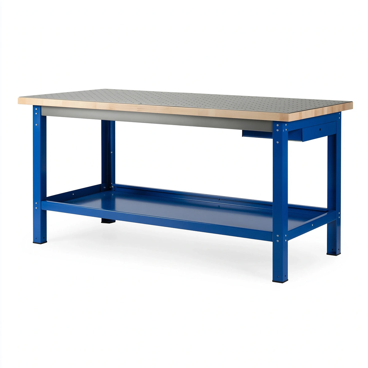 Établi d'atelier 200 x 70 x 90 cm en acier bleu et bois avec panneau perforé et rangement