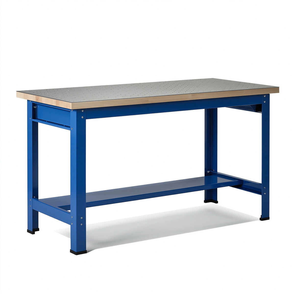 Établi d'atelier 200 x 60 x 90 cm en acier et bois bleu avec plateau perforé
