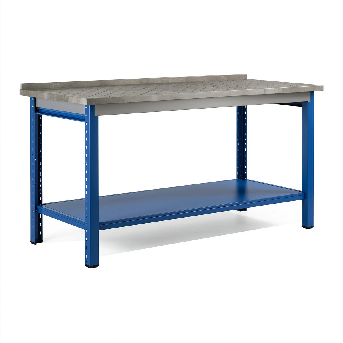 Établi d'atelier 200 x 70 x 90 cm en acier bleu gris avec plateau perforé et tablette basse