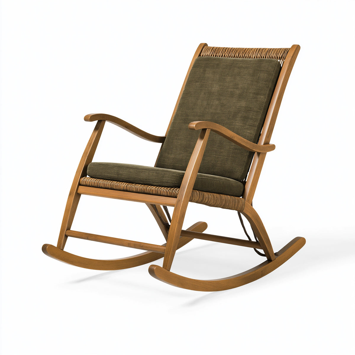 Fauteuil à bascule 105 x 68 x 100 cm en bois brun et tissu vert style rétro