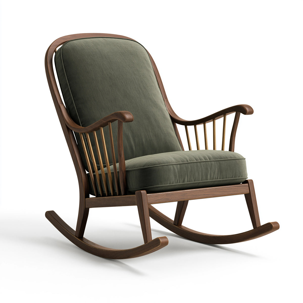 Fauteuil à bascule 100 x 75 x 105 cm en bois et tissu vert kaki style rétro