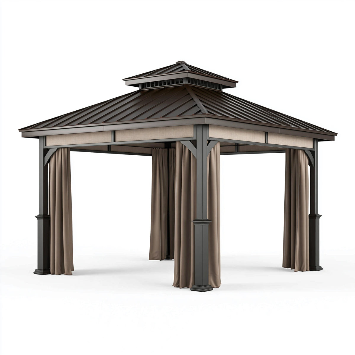 Tonnelle de jardin 300 x 300 cm acier brun avec rideaux style pavillon