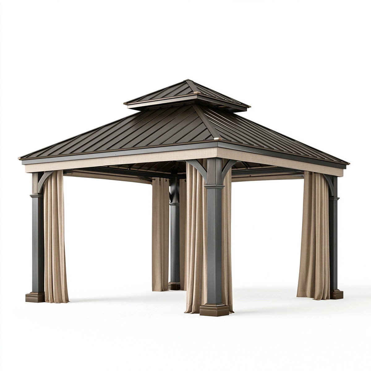 Tonnelle de jardin 300 x 300 x 300 cm en métal anthracite avec rideaux style pavillon