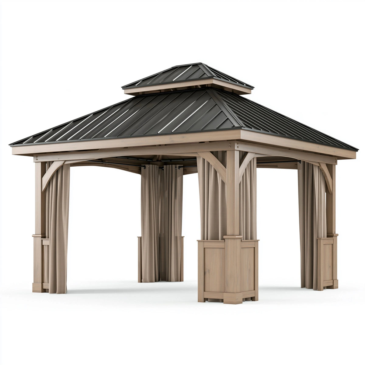 Pavillon de jardin 400 x 400 x 350 cm en bois beige avec toit métallique noir et rideaux style contemporain