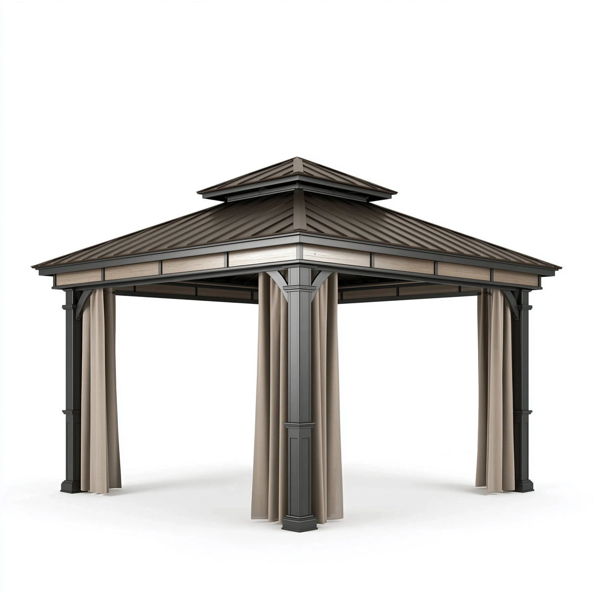 Tonnelle de jardin 300 x 300 cm en métal marron et gris anthracite avec rideaux toit rigide