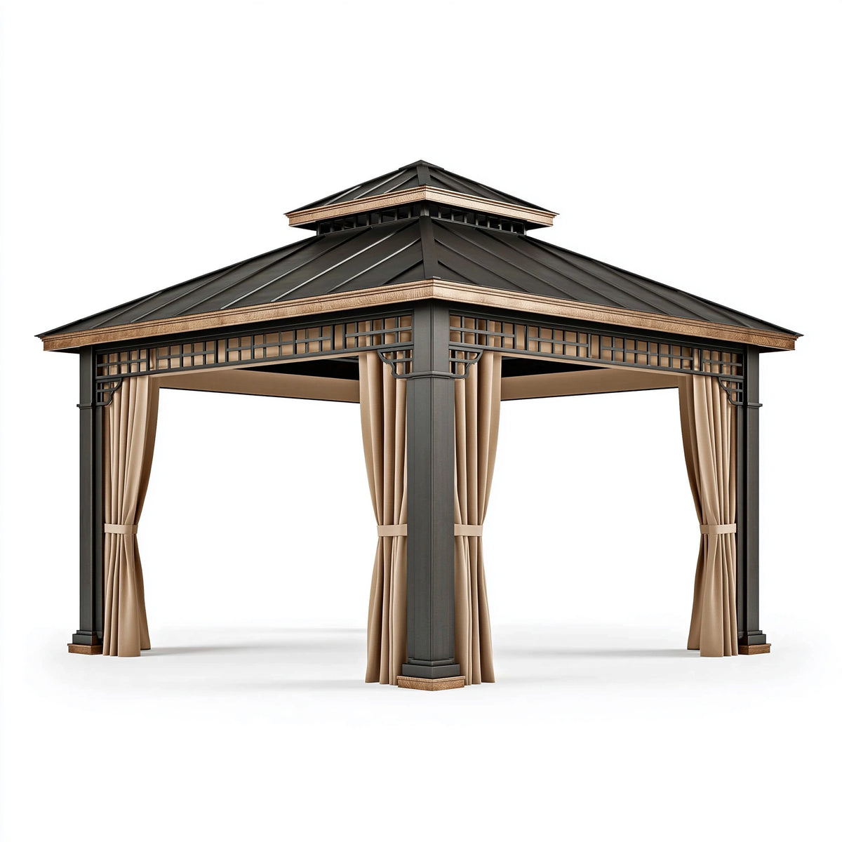 Tonnelle de jardin 300 x 300 cm en métal noir et beige avec rideaux style pavillon