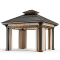 Tonnelle de jardin 400 x 400 cm en bois et métal noir beige avec rideaux style asiatique