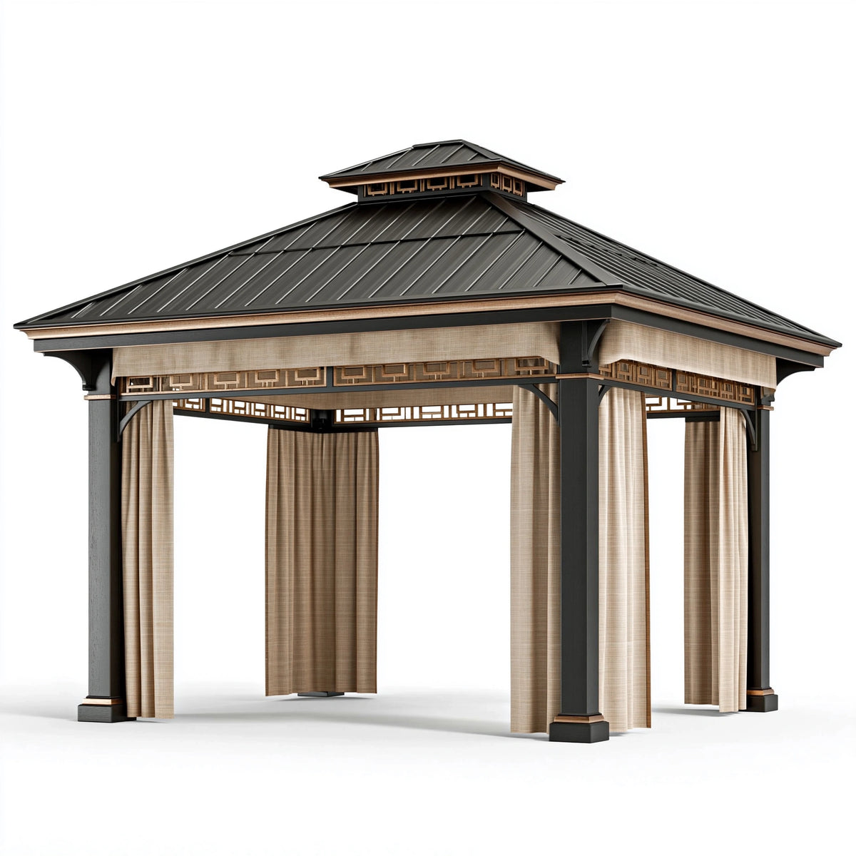 Tonnelle de jardin 400 x 400 cm en bois et métal noir beige avec rideaux style asiatique
