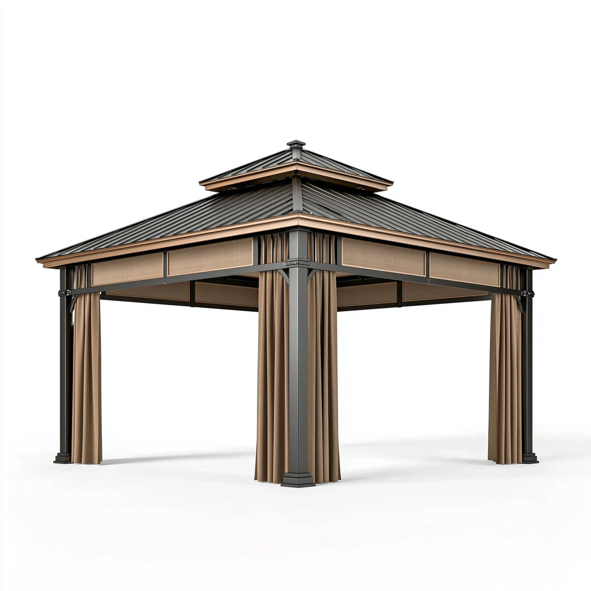 Pavillon de jardin 300 x 300 cm en métal noir et beige avec rideaux style contemporain