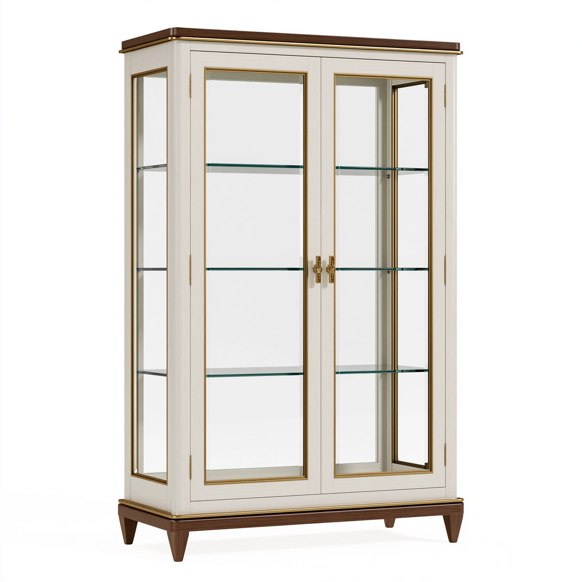 Vitrine 100 x 45 x 190 cm en bois et verre blanc marron doré - rangement classique à 2 portes