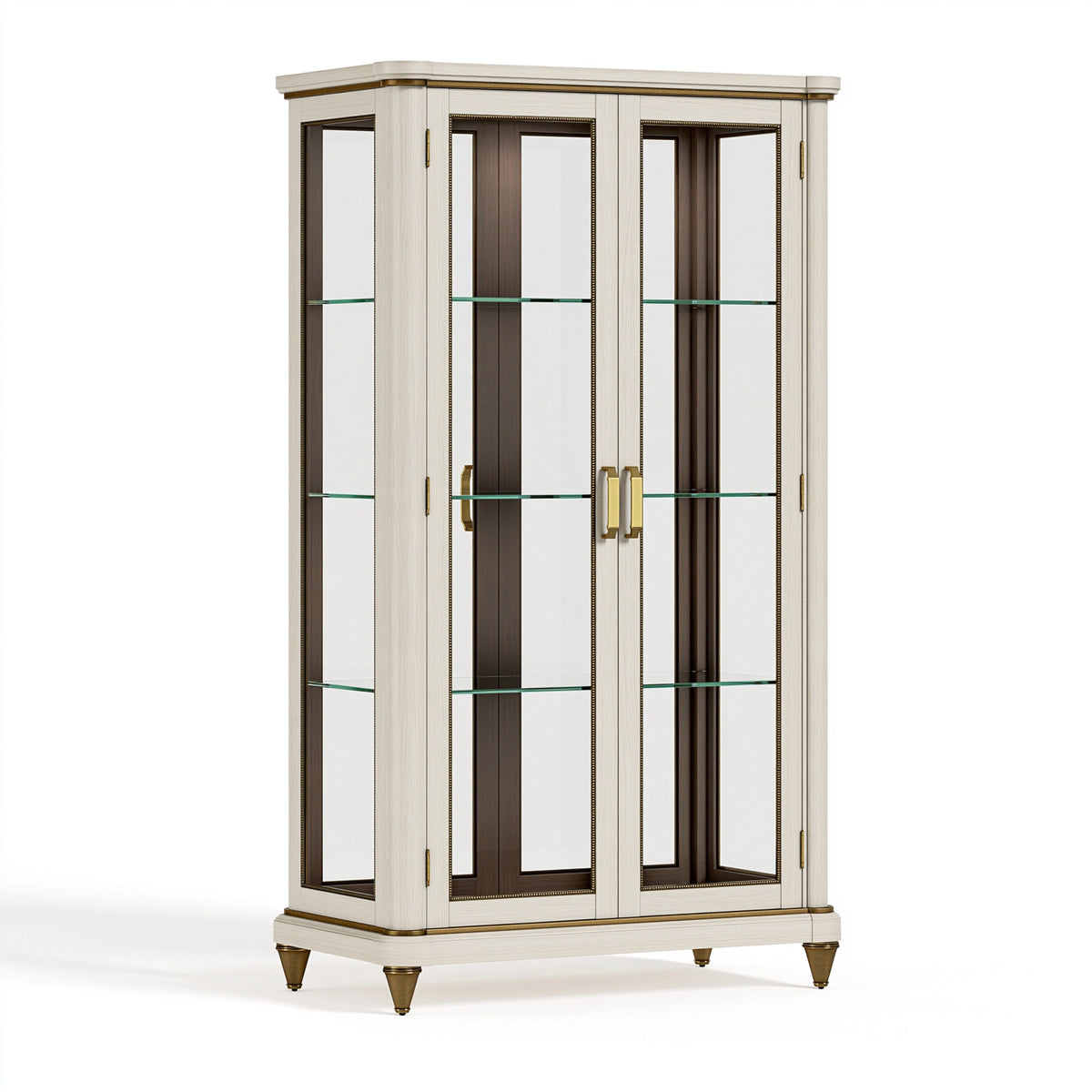 Vitrine 120 x 45 x 200 cm en bois et verre beige marron - rangement classique à 4 portes